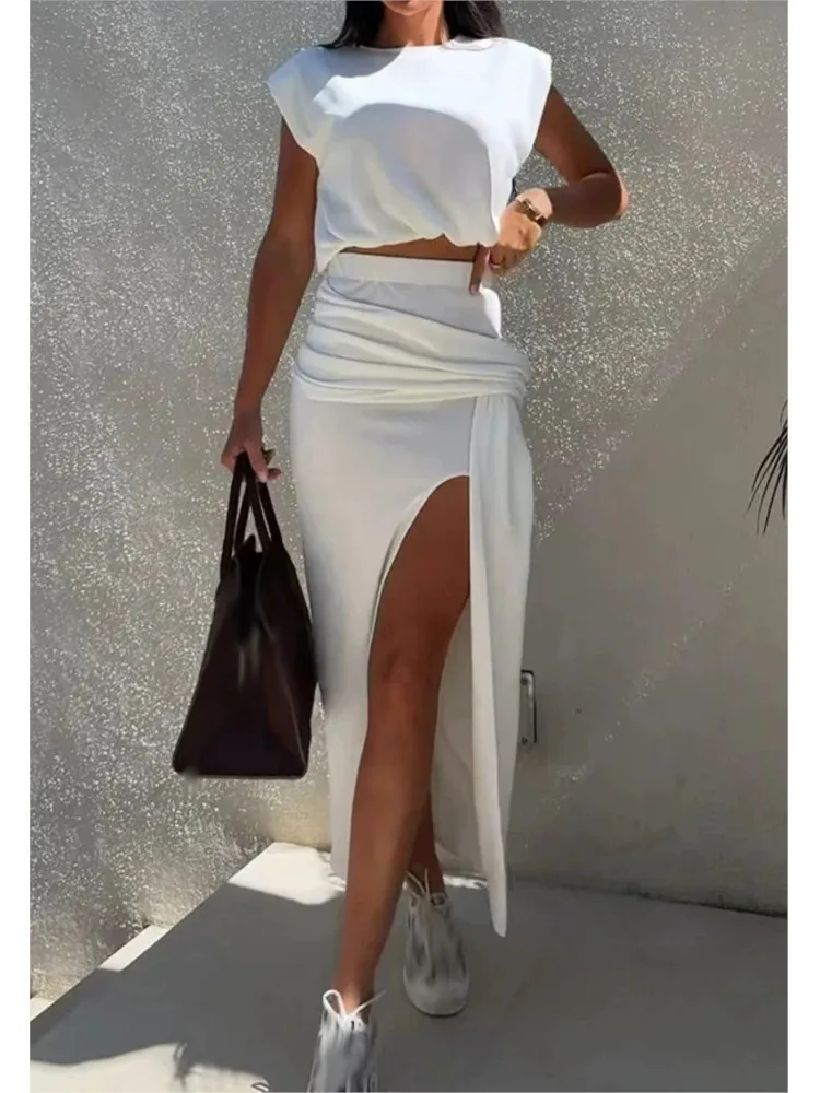 

Модный сексуальный комплект, женские элегантные топы без рукавов с круглым вырезом + юбка на бедрах со шнуровкой и высокой талией, комплект из 2 предметов для женщин, повседневный праздник