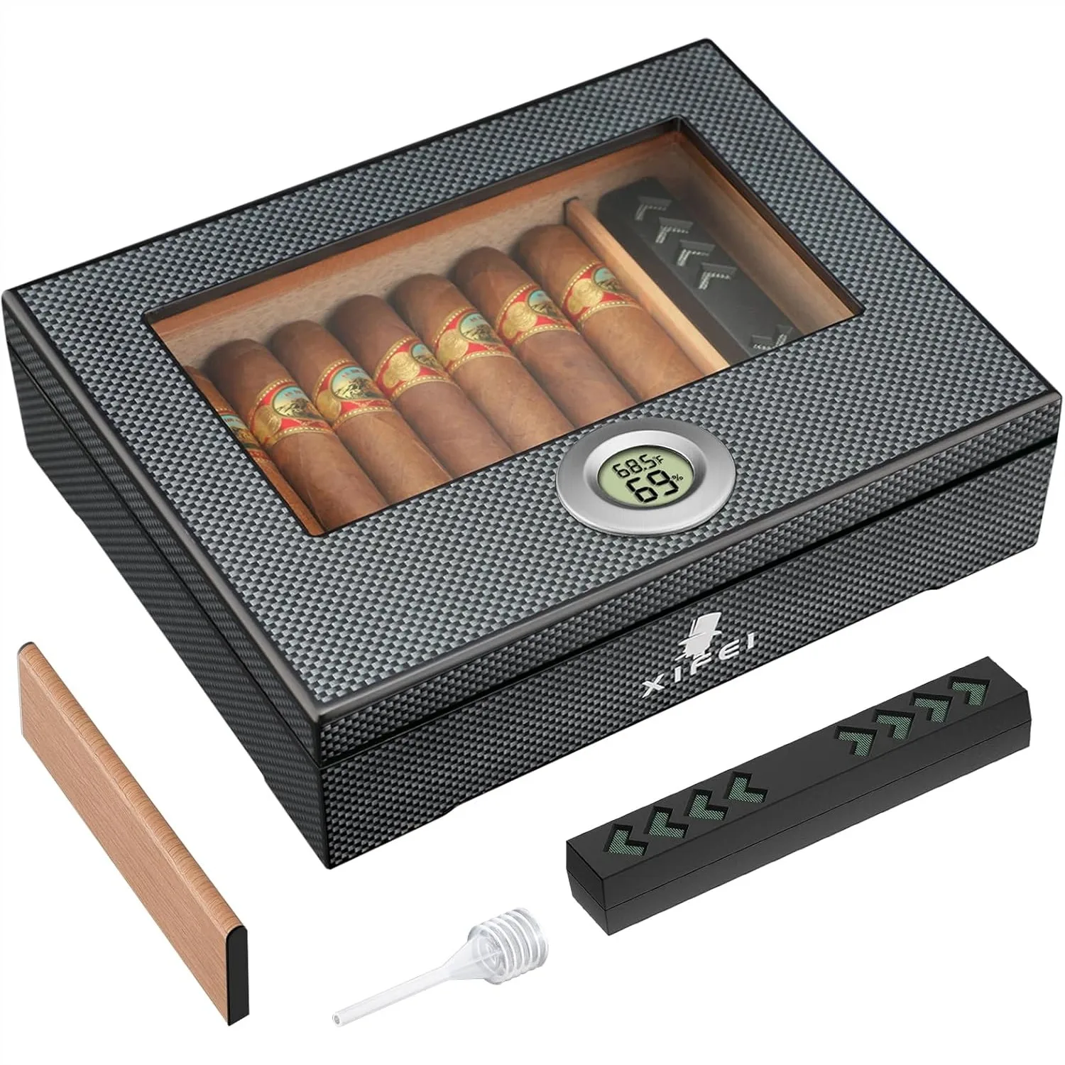 

Cigar Humidor with Glass Top and Digital Hygrometer, Holds 25-35 Cigars, Carbon Fiber Texture, Cedar Wood Lining