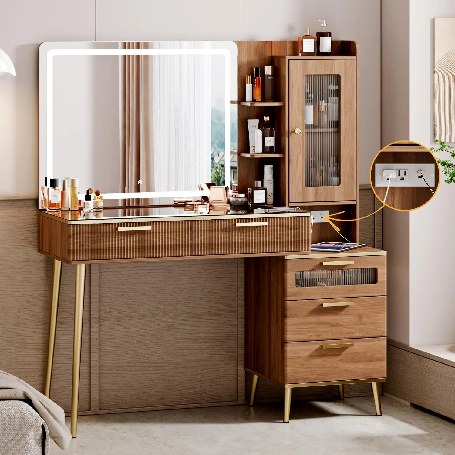 Bedroom Vanity Desk in Brown, Wood Material, with HD Lighted Mirror, 5 Drawers, Storage Shelves and Charging Station