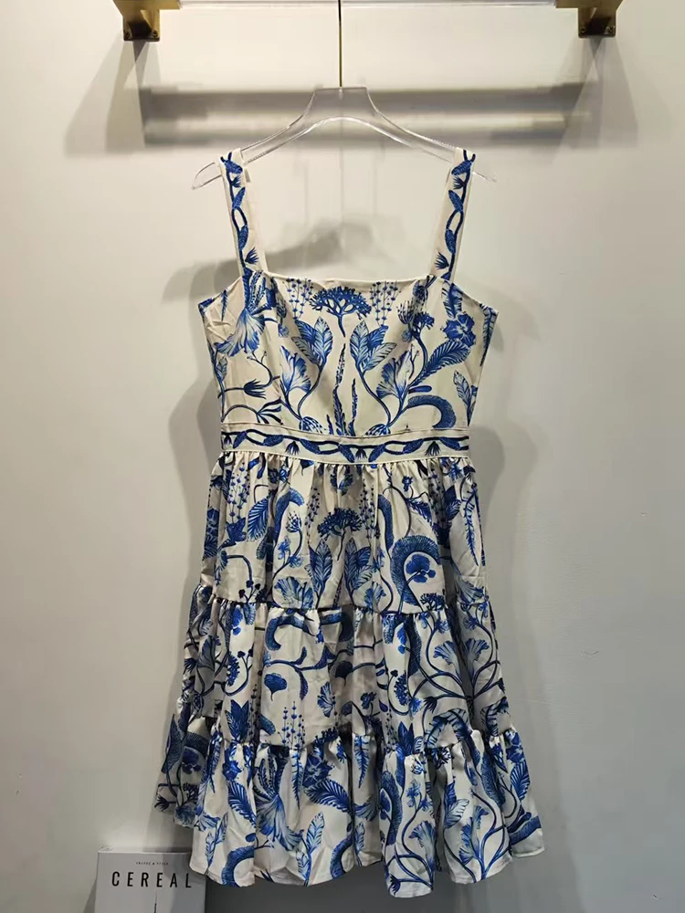 

2025 Summer Women's Retro Geometric Printed Sexy Off Shoulder Strap Dress Fashion Drawn Loose Puff Short Skirt