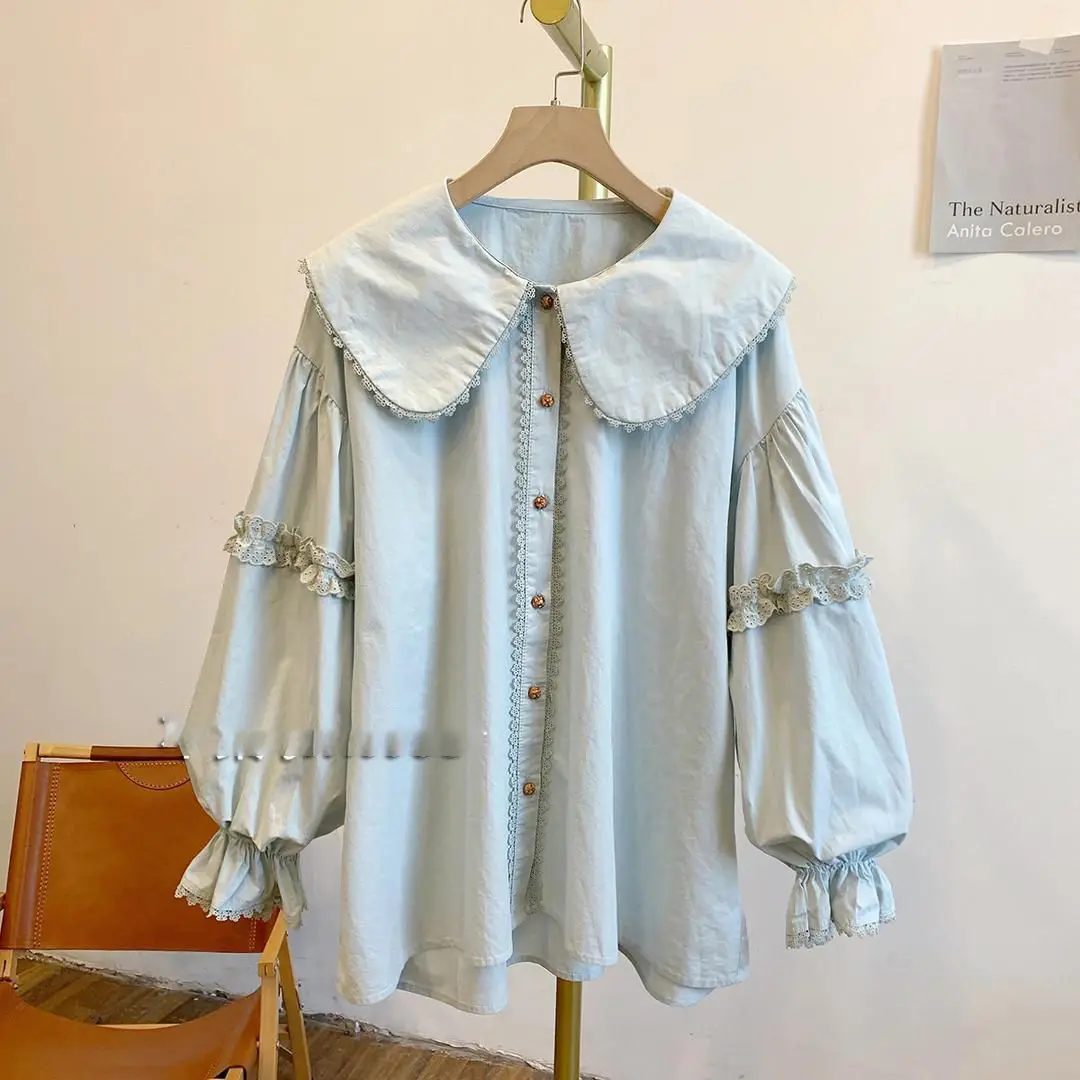 

Women Autumn Long-Sleeve Solid Color Shirt Lace Button Peter Pan Collar Blouse