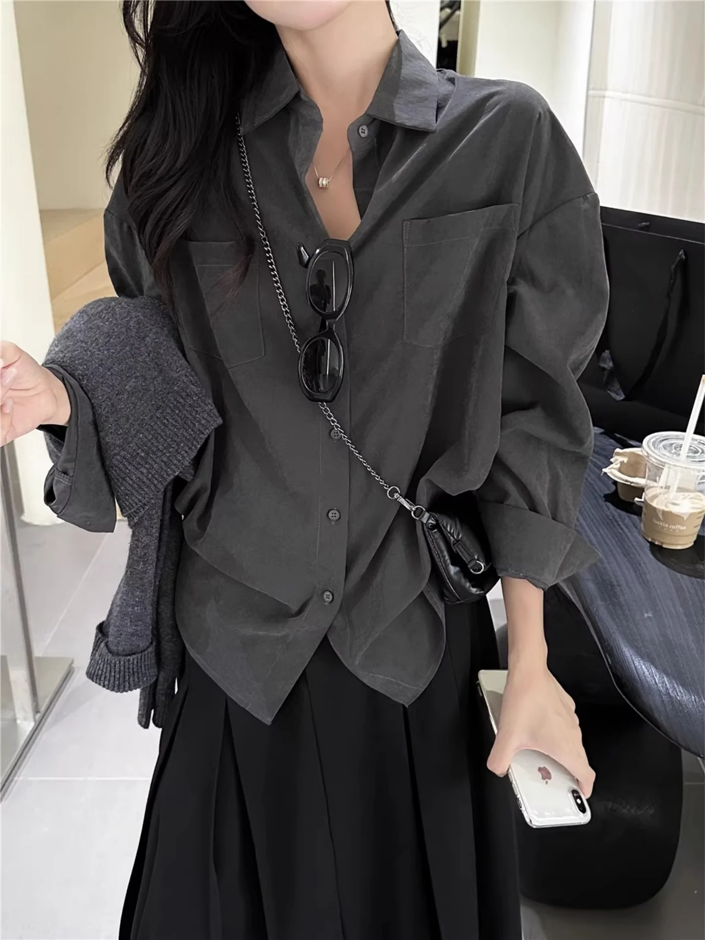 

Commute Grey Long Sleeve Shirt Women's Double Pocket Matte Finish Shirt Autumn Winter Layering Top Korean Style Loose Fit