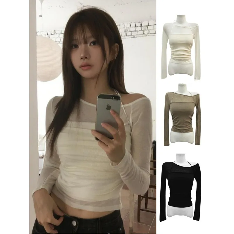 

Осень 2024, новая уличная однотонная повседневная футболка без бретелек с длинными рукавами для женщин + сексуальный тонкий костюм-двойка на бретельках