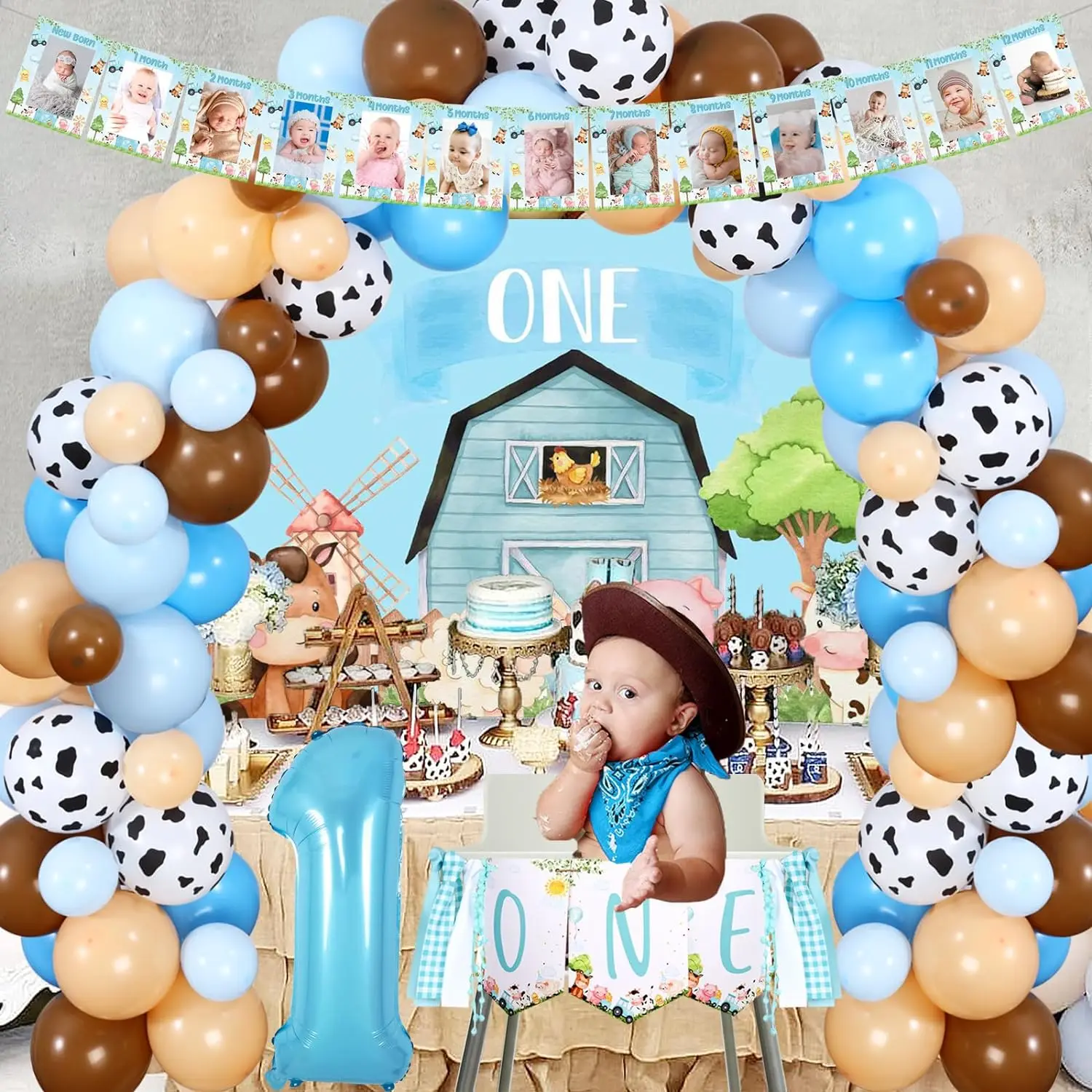 Farm Animal 1st Birthday Decor Barnyard Cow Print Balloon Garland Kit with Backdrop One High Chair Monthly Photo Banner