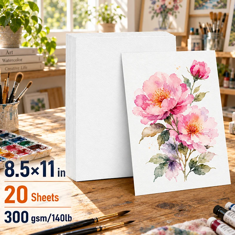 20 Sheets Watercolor Paper Kit, 8.5 × 11 Inch 300gsm/140lb Heavyweight Paper for Painting,  for Artists, Hobbyists & Adults