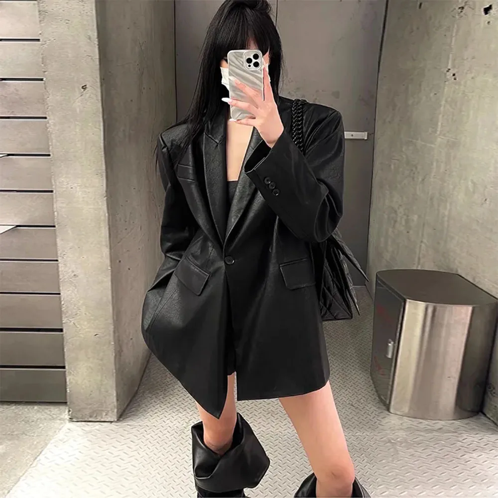 Elegant Lady Faux Leather Jacket Fashion Women Korean Chic Black Leather Blazers Coats Women Vintage Single Buckle PU Outerwear