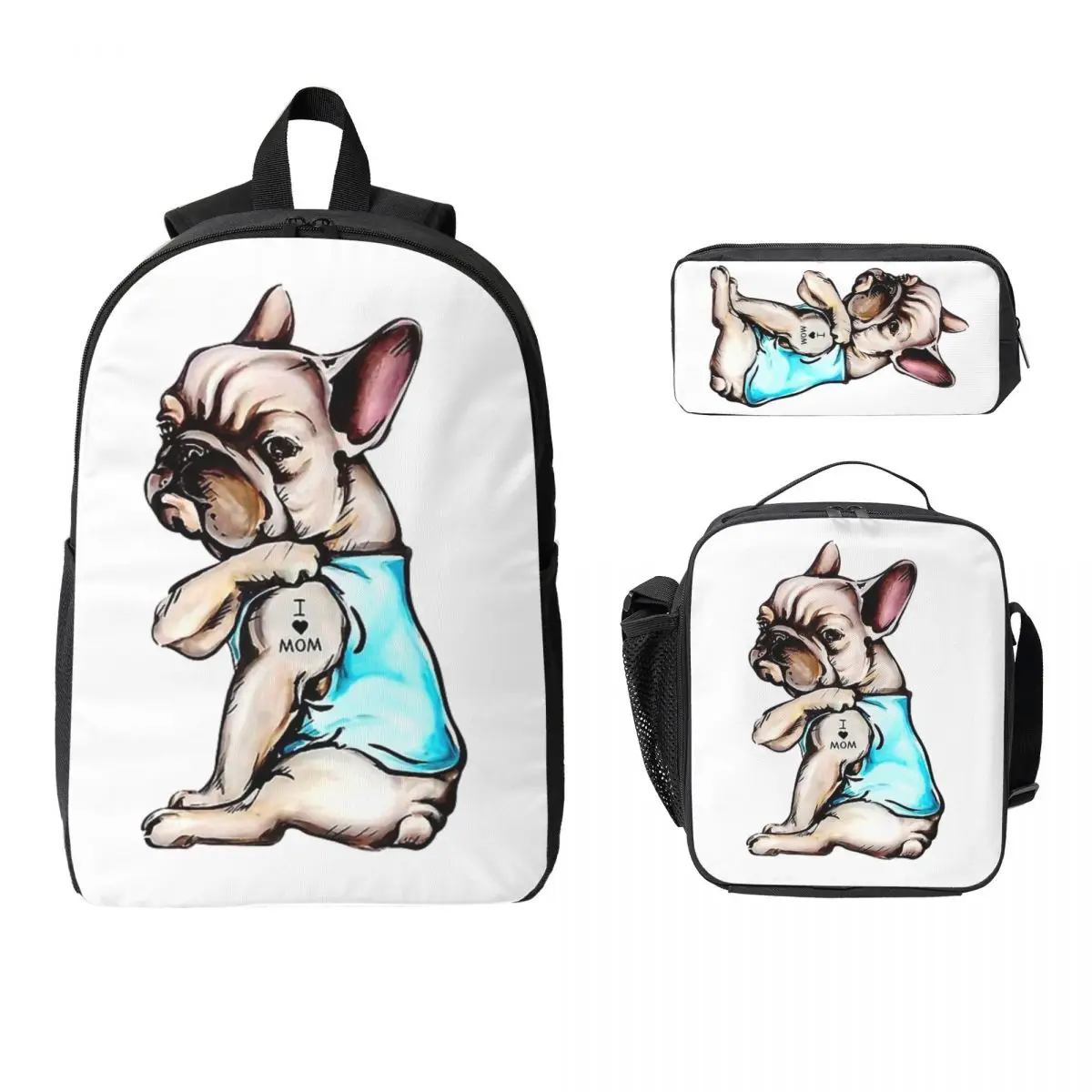 

French Bulldog Animal Backpack Student Boys Girls BookBag School Bag Laptop Shoulder Bags 3ps Insulated Lunch Bag Pencil Case