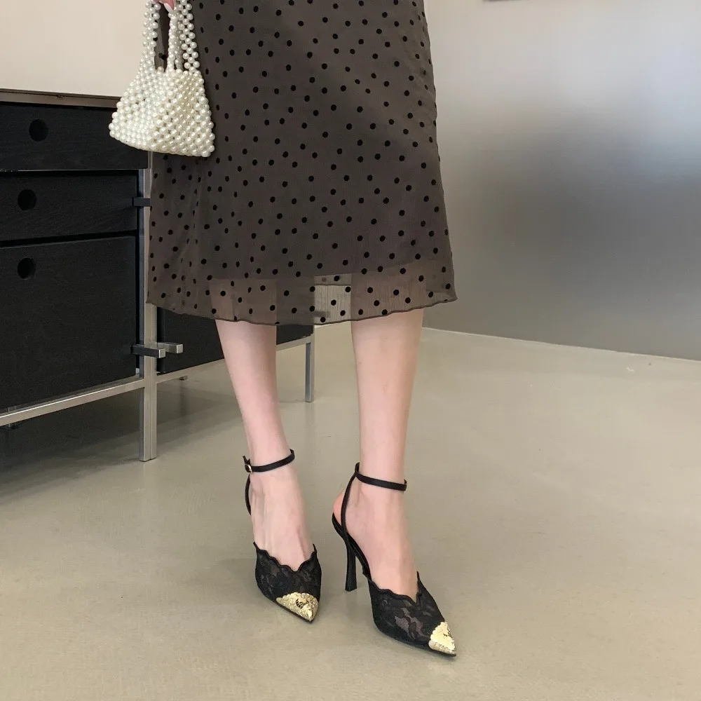 Aneikeh Elegant White Lace Slingback Stiletto Heels Pointed Toe Ankle Strap Buckle Sandals Wedding Party Ladies Dress Pumps