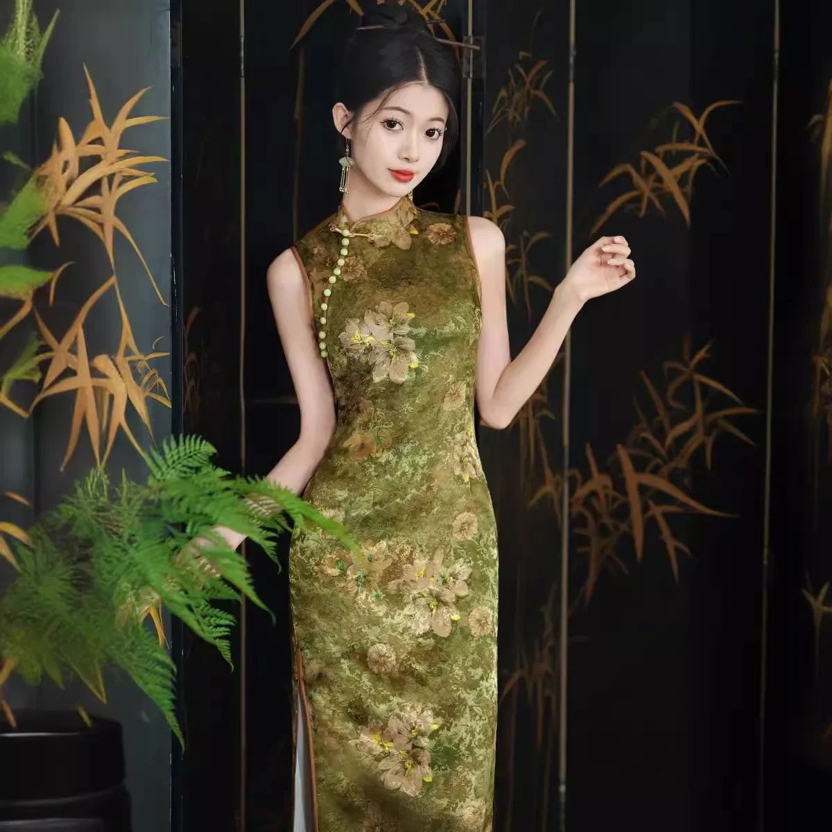 

Cheongsam Sexy Qipao Spring/Summer New Long Daily Dress Vintage Chinese Style Print Women Evening Party Clothes