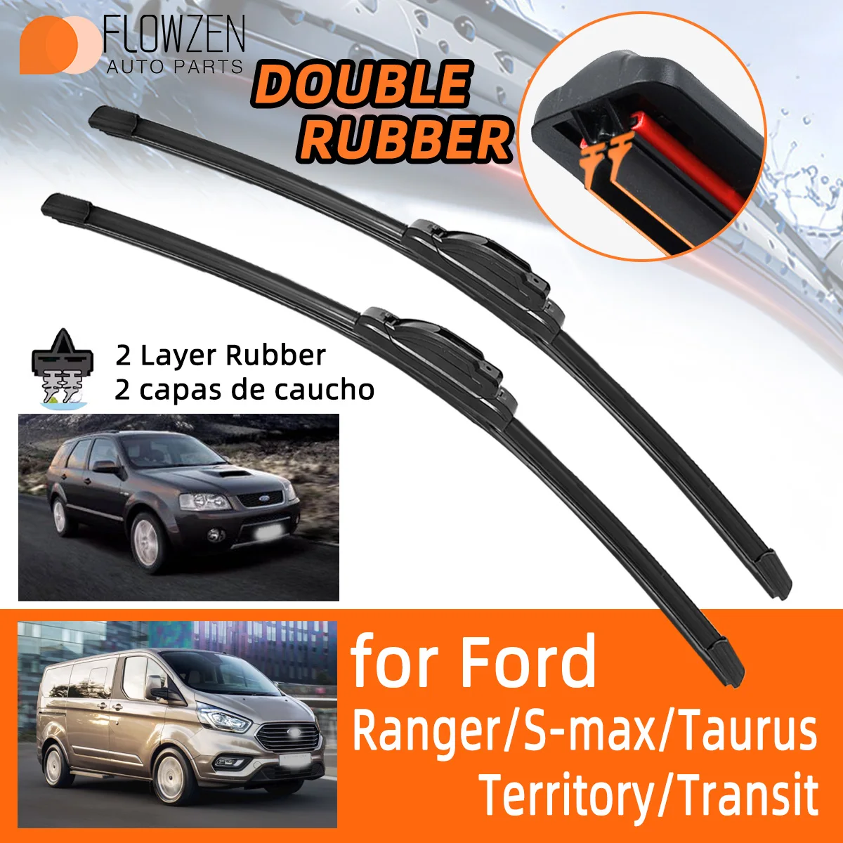 Car Wiper Blades for Ford Ranger ,S-max, Taurus, Territory SX SY, Transit Double Rubber Car Wipers Accessories Winter Summer