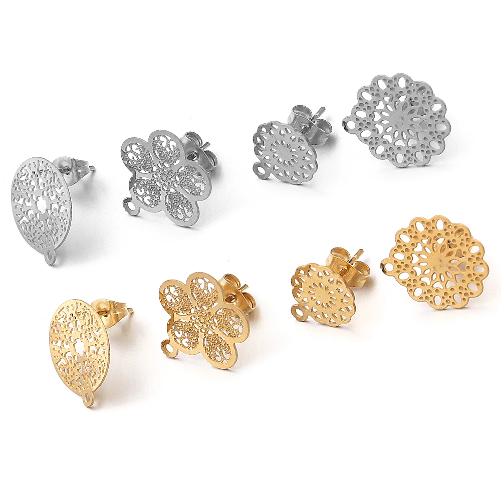 2pcs Stainless Steel Flower Ear Studs Metal Hollowed Out Earrings Base With Earplugs For DIY Jewelry Making Earrings Accessories - view 4