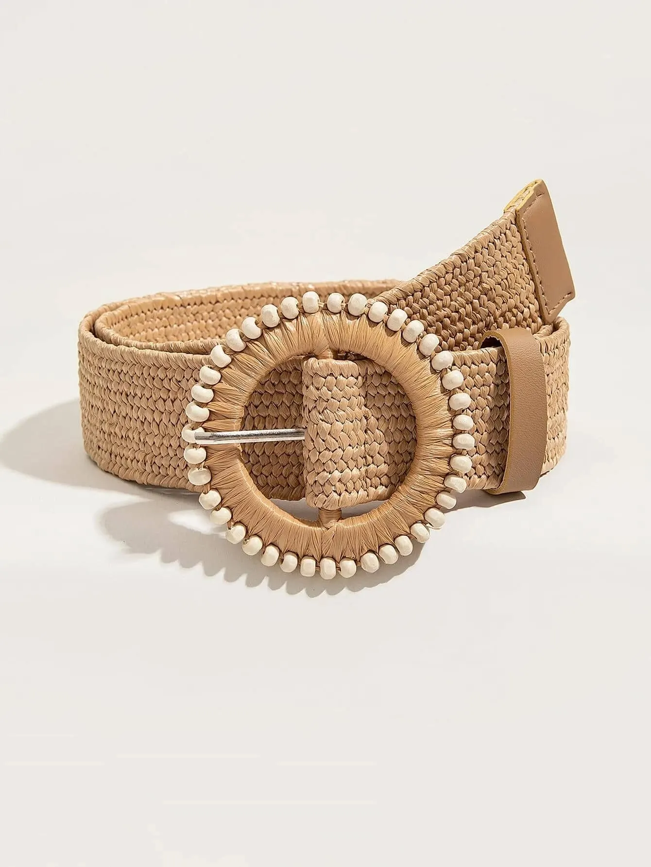 1pc Women Ellipse Buckle Boho Straw Belt For Beach Bead Decor Bohemian Woven Belt For Holiday