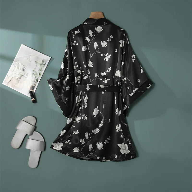 Summer Women\'s Imitation Silk  Black Printed Robe Bathrobe Home Clothes