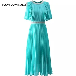 MARYYIMEI Women's Streetwear Pleated Dress Summer Short Sleeved Beading Flounced Edge Elegant Gorgeous Folds Dresses