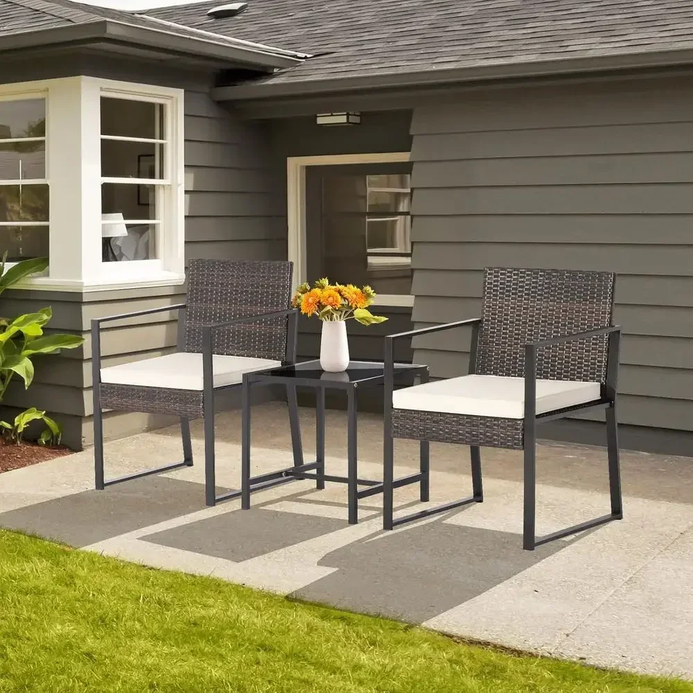 3-Piece Outdoor Cushioned Wicker Furniture Set, Weather-Resistant, Ideal for Porch, Backyard, Garden, and Poolside (Mixed Brown)