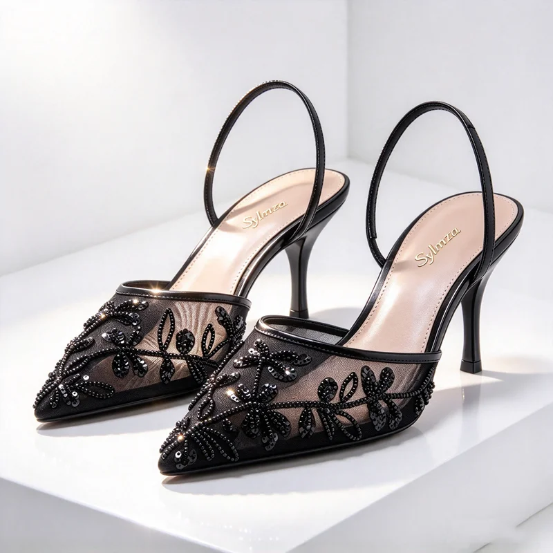 Designer Mesh Floral Detail Women's Pumps Sexy Pointed-Toe Slingback High Heels for Ladies Hand-Embroidery Elegant Women's Shoes