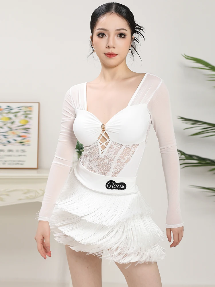 2025 Vestito da spettacolo di danza latina per le donne Tuta sexy in rete Gonna con nappa Vestito per donna adulta Chacha Latin Stage Wear XH3166