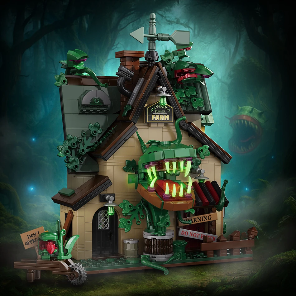 

MOC Audrey II Piranha Plant Horrors Shop Micro Building Blocks Cannibal Flower Cabin Openable Mouth Mini Bricks Toys Kids Gifts