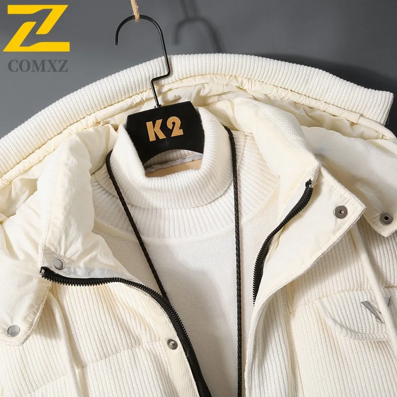 COMXZ Men Padded Jacket Solid Color Warm Thick Korean Style Commuting Parker Coat Street Cold-Resistant Windproof Winter Jacket