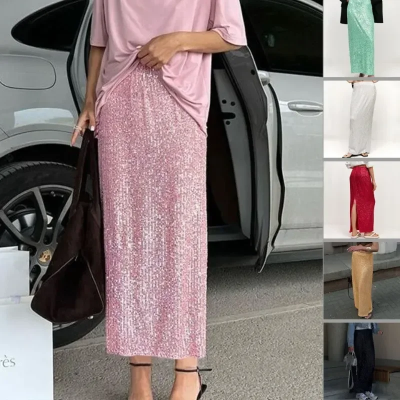 Solid Color Sequin Back Split Casual Long Skirt Y2k 2023 Autumn Shiny Hiigh Waist  Hip Wrap Straight Maxi Skirt Party Streetwear