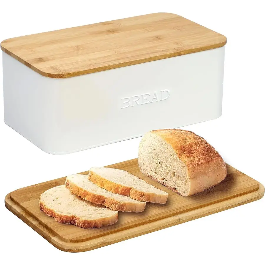 

White Bread Box for Kitchen Countertop, Small Storage Container with Bamboo Lid, Modern Kitchen Organizer for Sourdough, Buns, a