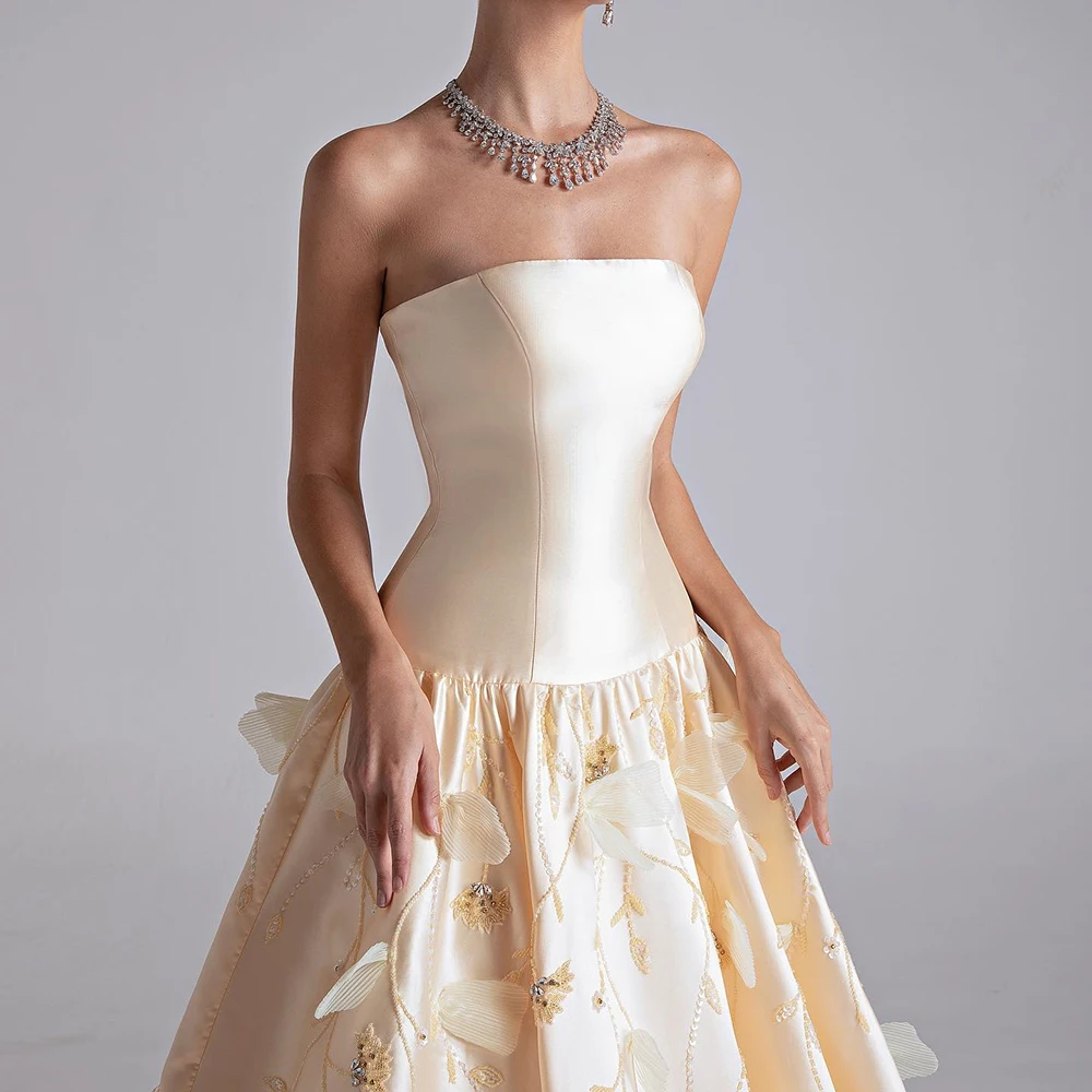 Vestidos de Noche acampanados personalizados, vestido de fiesta sin mangas hasta el suelo, sin tirantes, flores de moda, vestido de fiesta drapeado sencillo sin espalda