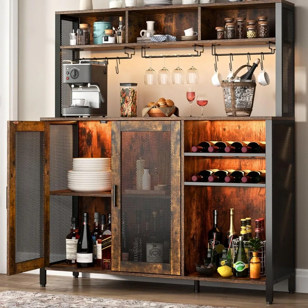 

Wine Bar Cabinet with LED Light, Industrial Coffee Bar Cabinet with Wine Rack & Glass Holder & 3 Compartments, Kitchen Buffet S