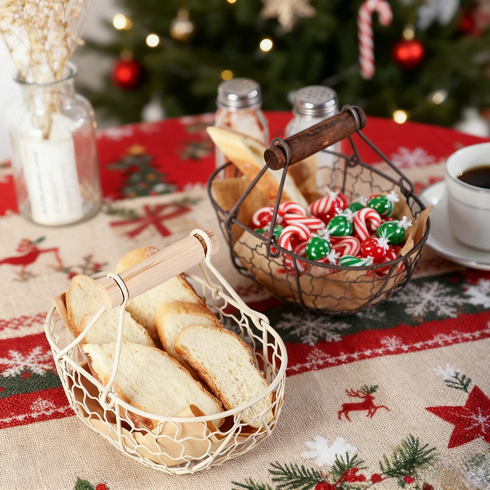 Cesta de frutas de hierro para aperitivos, pan, verduras, cesta de almacenamiento con mango de madera, almacenamiento de pan de Navidad para baño, Picnic