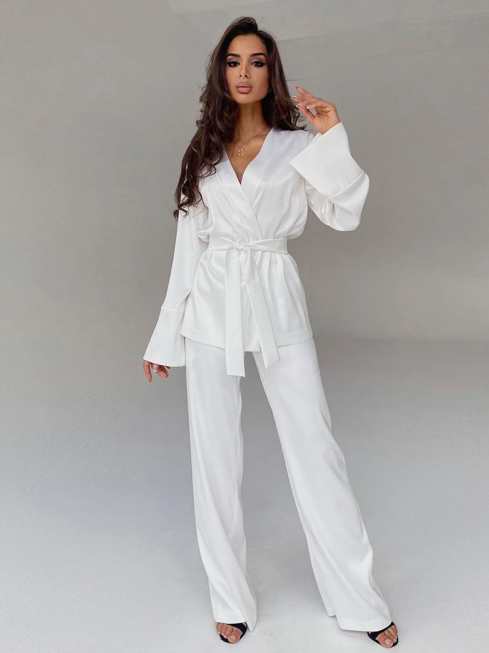 

2024 Solid Color Pamas For Women Robe Sets Full Sleeves Women's Home Clothes Trouser Suits Satin Nightgowns Spring Loungewear