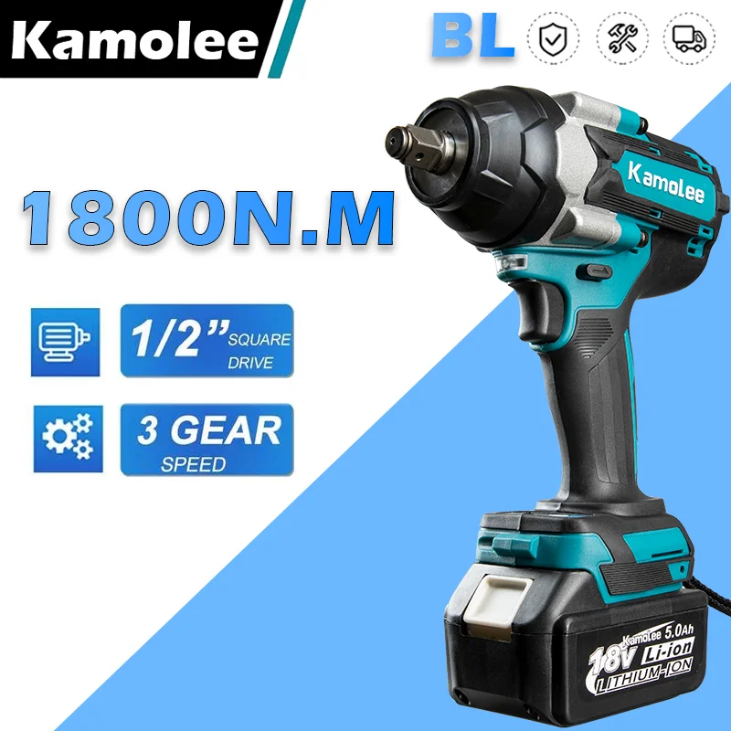 Kamolee 1800 N.M Torque DTW700 Brushless Electric Impact Wrench 1/2 In Lithium-Ion Battery For Makita 18V Battery