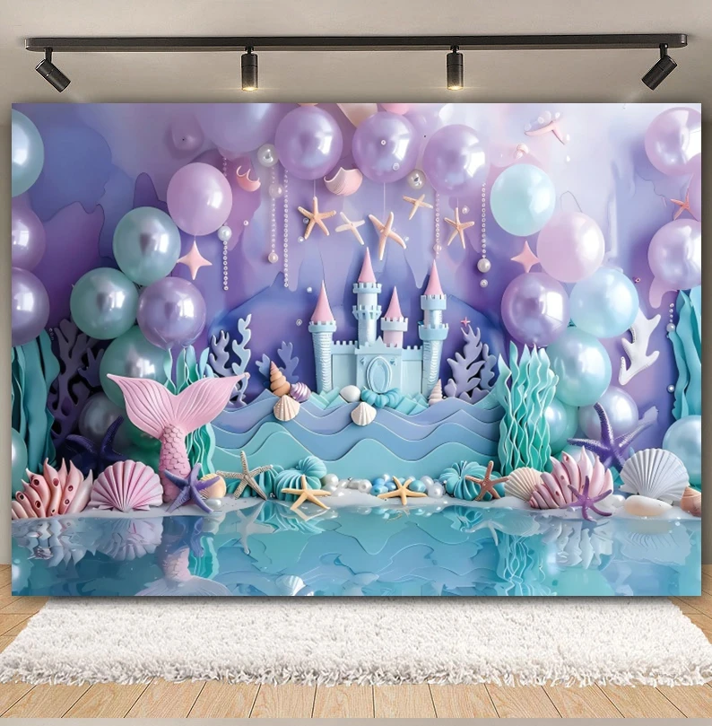 Mermaid Theme Backdrop Underwater World Photography Background Castle Balloons Baby Shower Girls Princess Birthday Party Decor