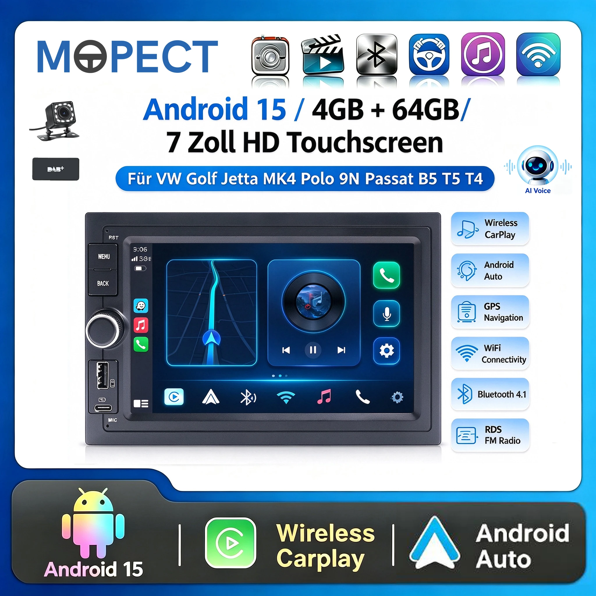 Autoradio MOPECT 7 pollici Android 15 4GB+64GB CarPlay Wireless Android Auto CANBUS GPS WiFi RDS FM Schermo Touch HD 1280*720 4*45W per VW Polo Passat B5 Golf4 Seat Skoda Peugeot 307