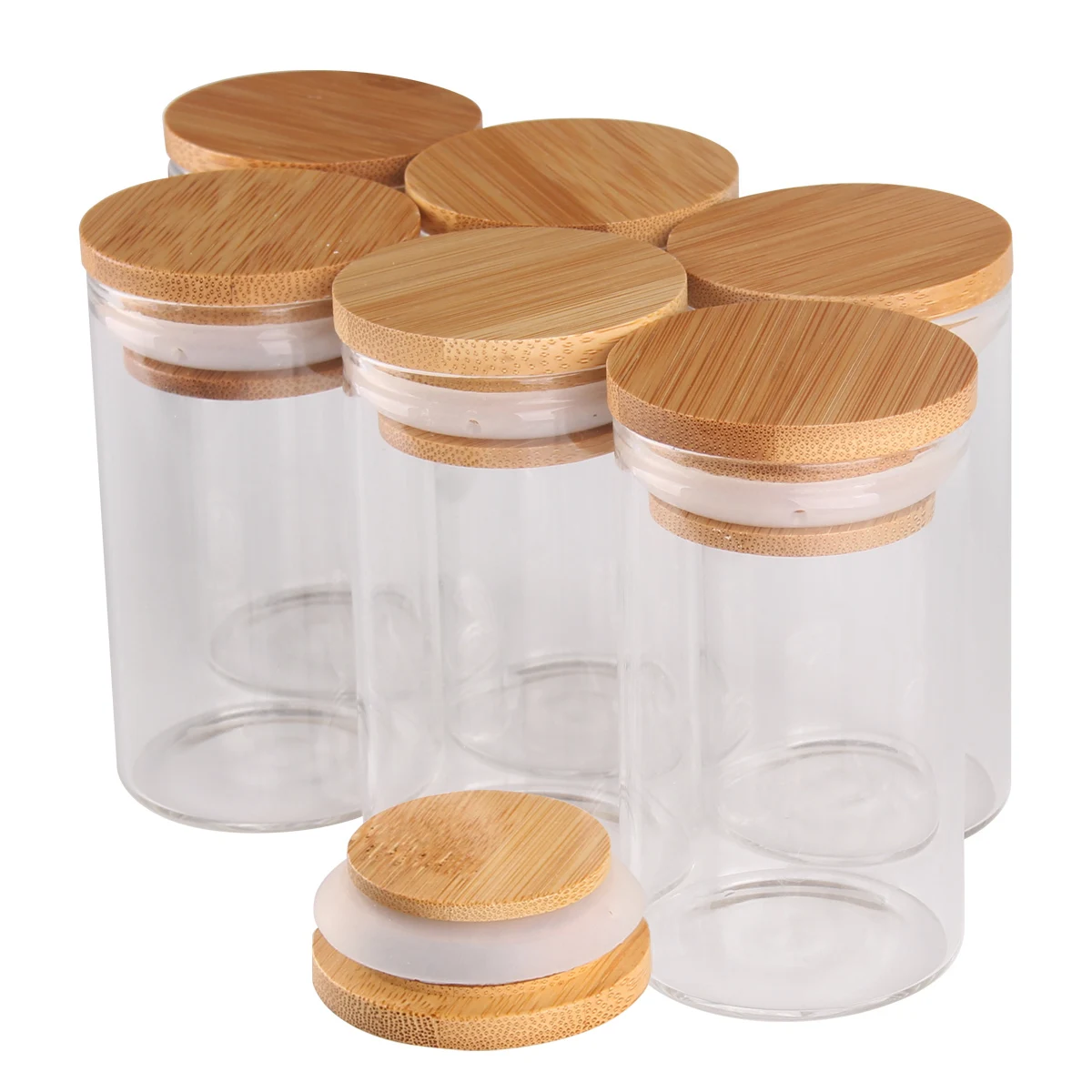 6pcs/lot 50ml 60ml 80ml 90ml 100ml 120ml 150ml Glass Candy Bottles With Bamboo Caps Pill Container Empty Bottles For Art Crafts