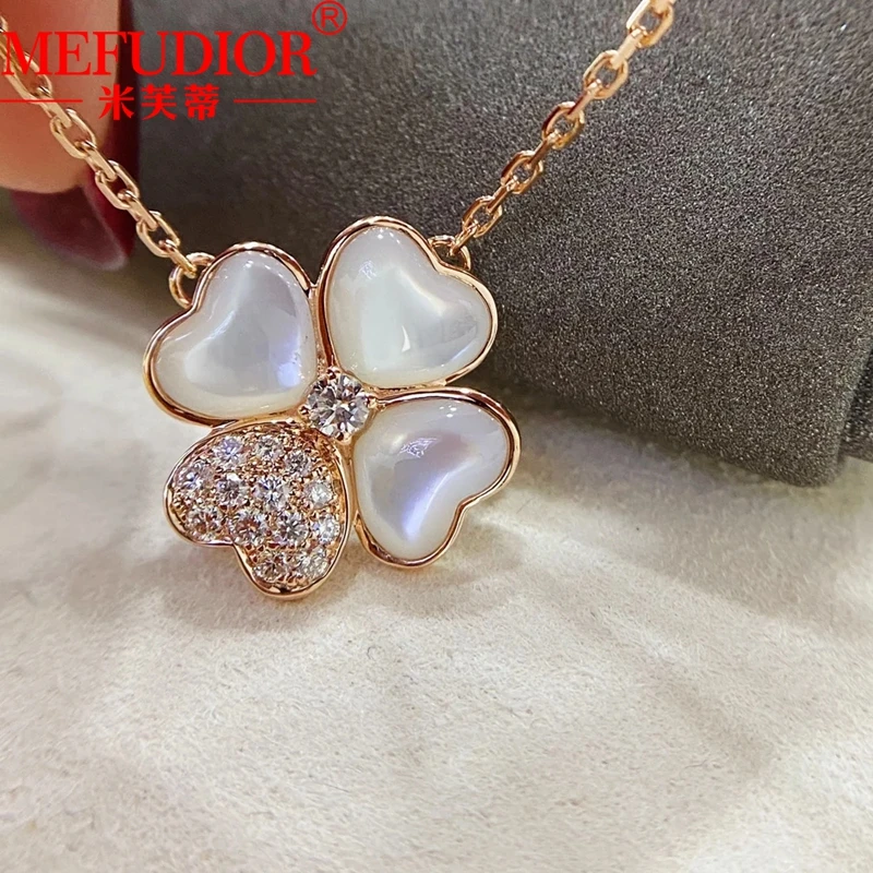 18K Real Rose Gold Necklace 46cm White Beige Pendant Moissanite Clover Flower Women Fashion Jewelry Gift