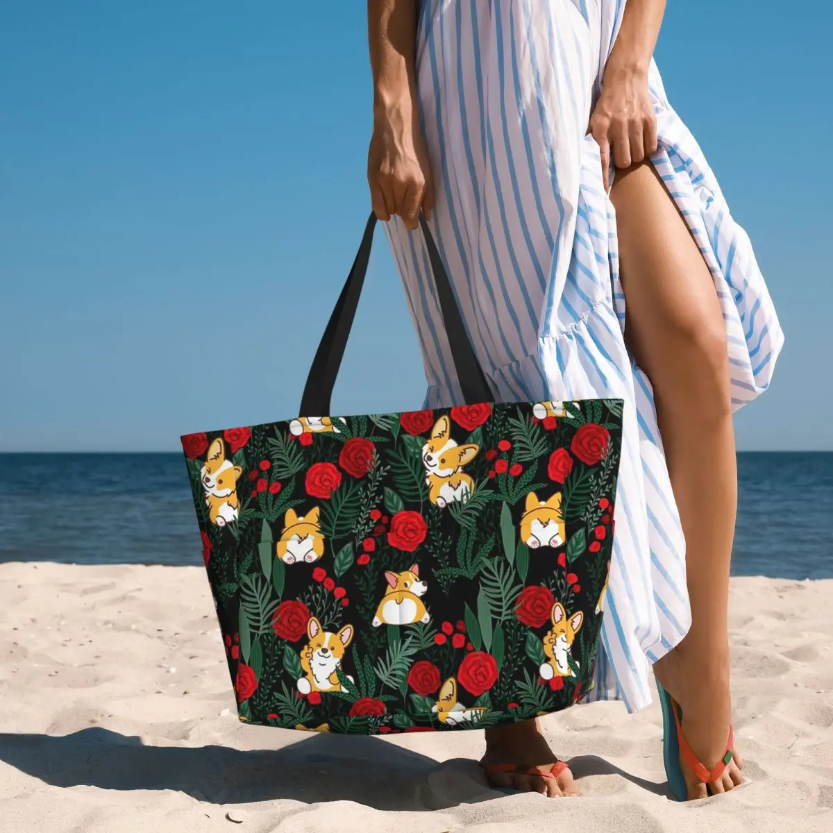 

Corgi Dog In Garden Beach Tote Bag Sport Gym Yoga Duffle Large Tote Bag Women Travel Bag Fitness bag