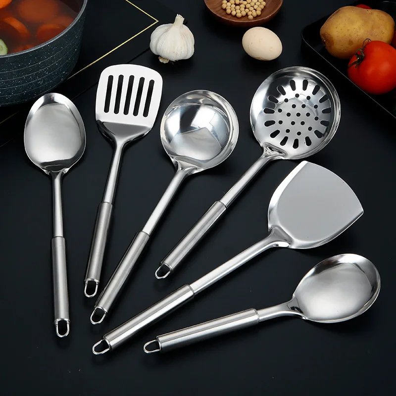 Modern Kitchen Stainless Steel Cooking Tool Set Frying Spatula Soup Spoon Long Handle BBQ Meat Fork Serving Colander Home Gadget