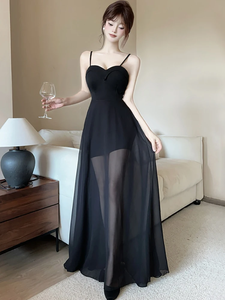 Kobiety Koreański Vintage Hepburn Luksusowa długa sukienka Letnia czarna patchworkowa siateczka Sheer Sexy Dress 2025 Elegancka kamizelka Bodycon Sling Vestidos