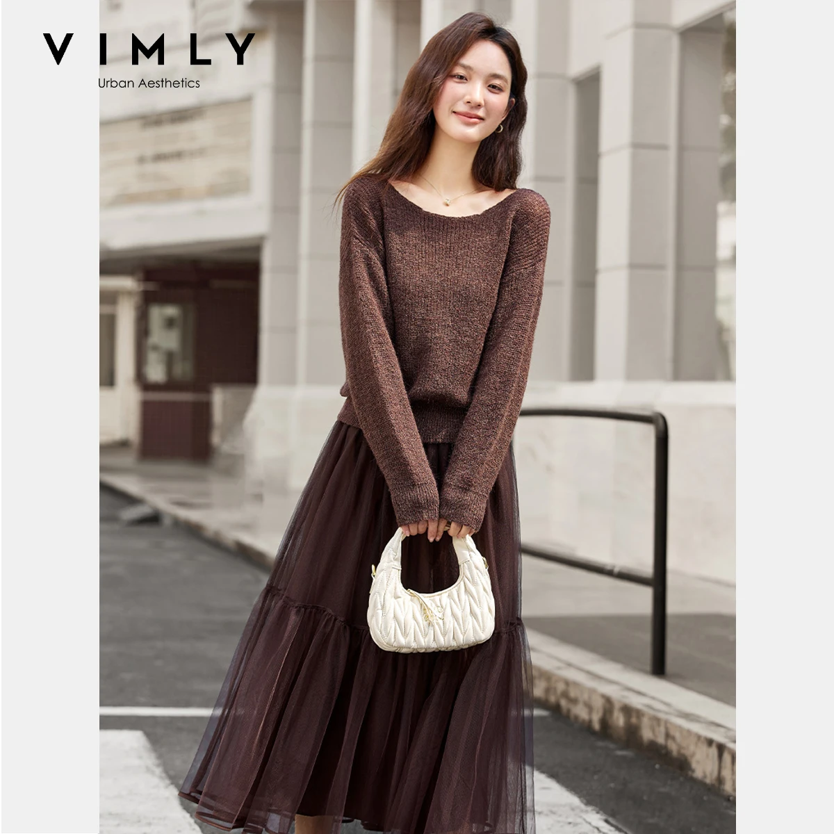 

VIMLY Women's Two Piece Skirts Sets Autumn 2025 Elegant French Brown Knitted Slash Neck Tops Mesh Midi Skirts Ladies Suit A2397