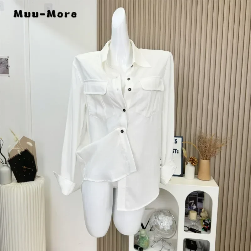 

French Elegant Casual Style Turn Down Collar Luxury White Blouses 2024 Autumn Women Office Lady Long Sleeve Solid Shirts Top