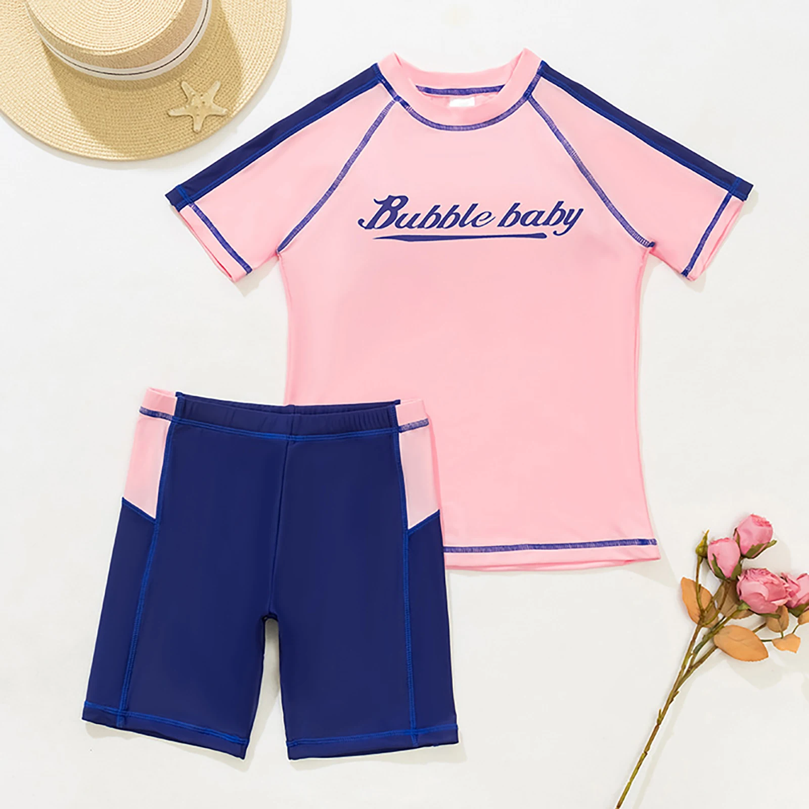 Kids Two Piece Rash Guard Swimsuit Swim Set Short Sleeve Top and Shorts Water Sport Swimwear UPF 50+ Sun Protection Bathing Suit