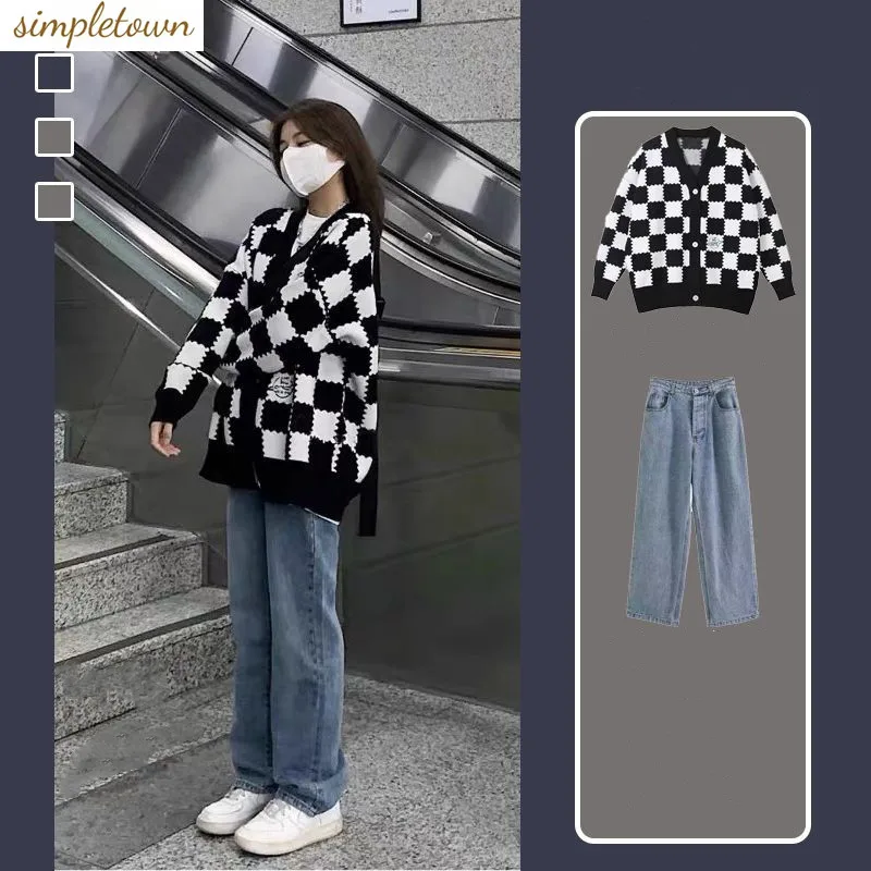 2024 musim gugur/musim dingin lembut wanita Set longgar baru gaya Korea Harajuku mantel rajutan Hong Kong gaya Jeans