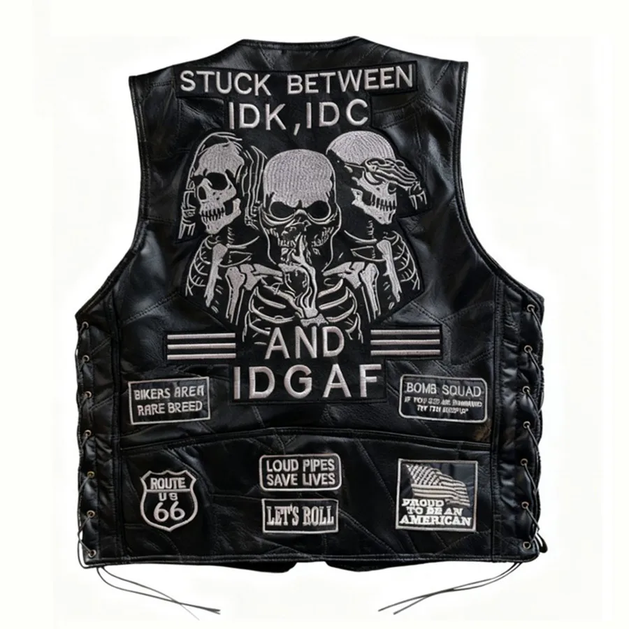 

Skulls Embroidered Men Real Leather Vests Hip Hop Sleeveless Jackets Motorcycle Riding Biker Waistcoat Men's Outdoor Vest
