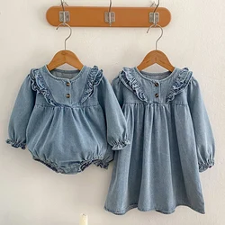 2024 New Autumn Sister Dress 2-6Yrs Girl Party Dress Kids Princess Dresses Long Sleeved Solid Color Denim Baby Girl Romper