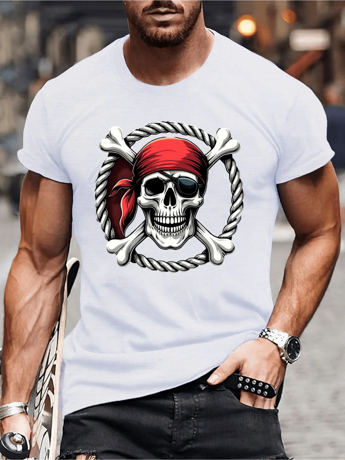 Plus Size Men'S Pirate Skull Graphic T-Shirt | Casual Crew Neck, Short Sleeve, Summer Style With Crossed Bones Design, Breathabl