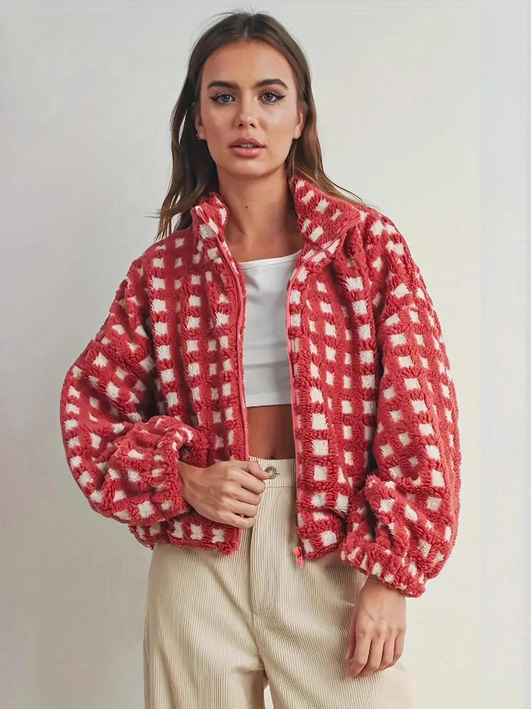 

Red Stripe Faux Fur Coat Color Clash Zipper Short Stand Collar Furry Jacket Fluffy Casual Plush Coat Faux Lamb Stylish 2025 New
