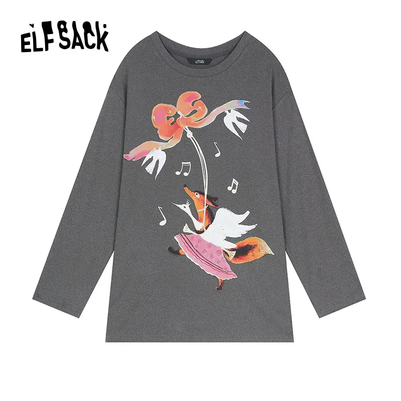 ELFSACK 2024 Autumn New Arrive Dark grey fox print silver loose versatile Korean style long sleeve T-shirt for women