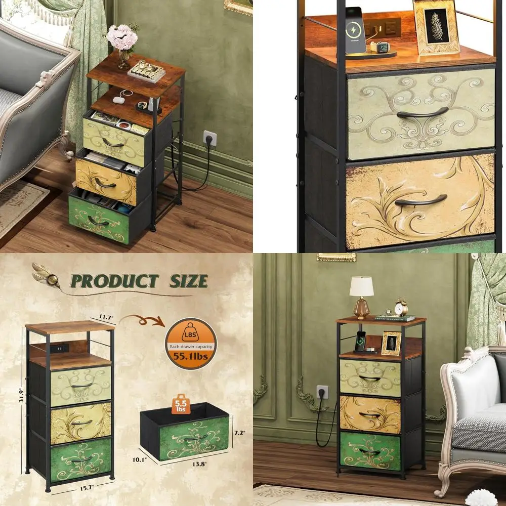 Komoda oszczędzająca miejsce z szufladami z tkaniny, ładowaniem USB i gniazdami - Stolik nocny z motywem kwiatowym