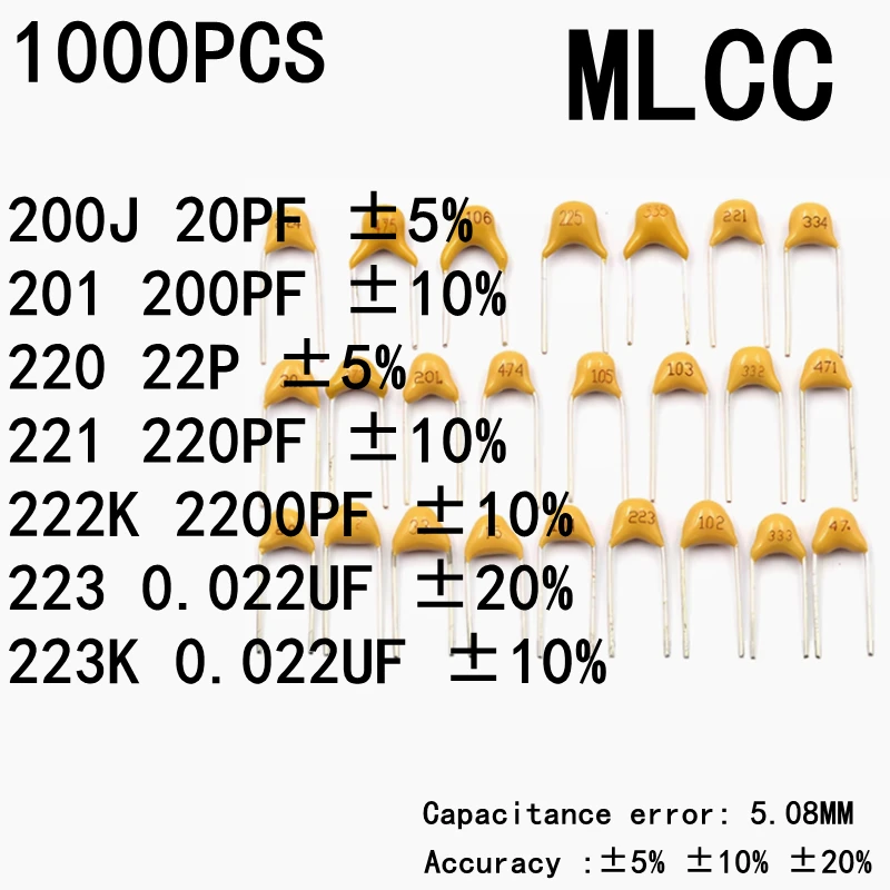 

1000 шт. монолитный керамический конденсатор 5% 10% 20% MLCC 200J 20PF 201 200PF 220 22P 221 220PF 222K 2200PF 223 0,022 мкФ 223 К 0,022 мкФ