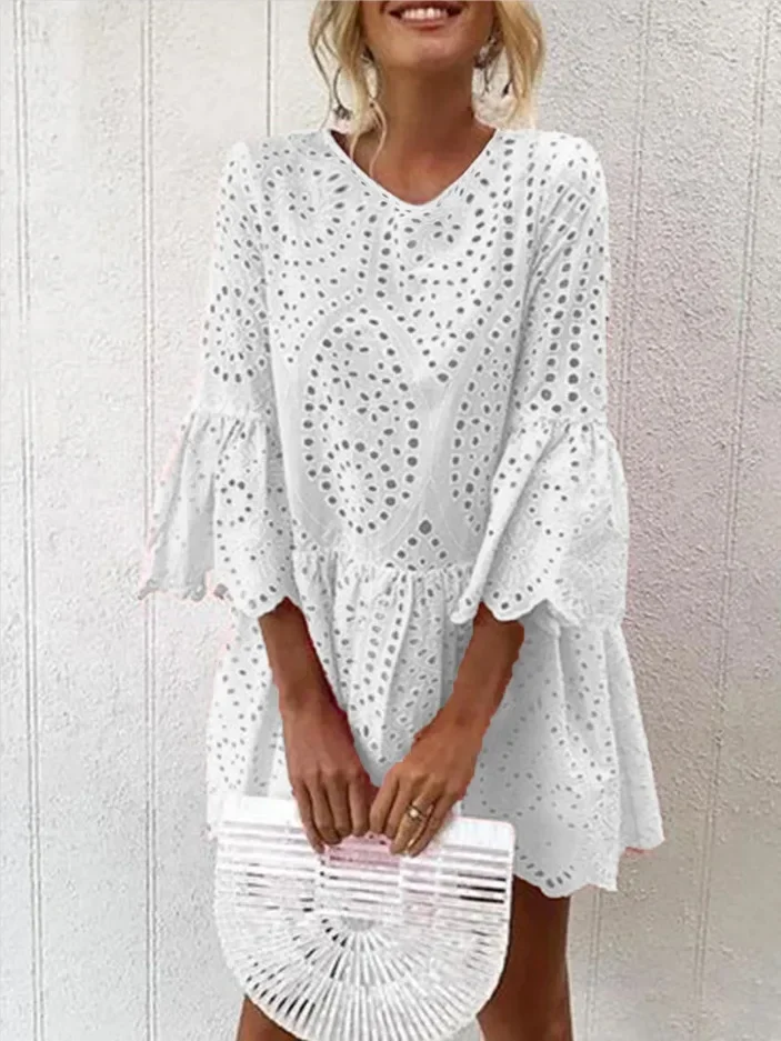 

2024 Summer New Fashion Women Dress Embroidered Hollow Out V-neck Flare Sleeves Cotton Hemp Solid Color Casual Elegant Sexy