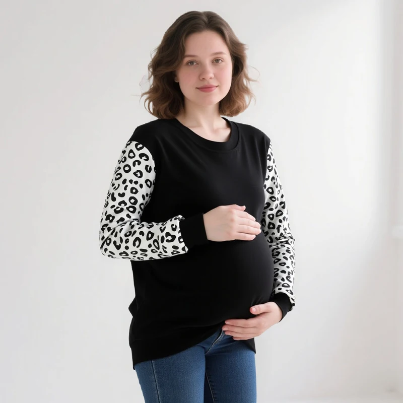Leopard Raglan Sleeve Nursing Maternity Sweatshirt Crew Neck Side Zip Feeding Pocket Soft Cotton Pregnant Women Pullover Top